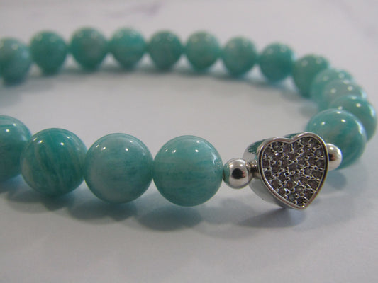 Grade A Amazonite bracelet with Platinum Plated Cubic Zirconia heart charm - 8mm