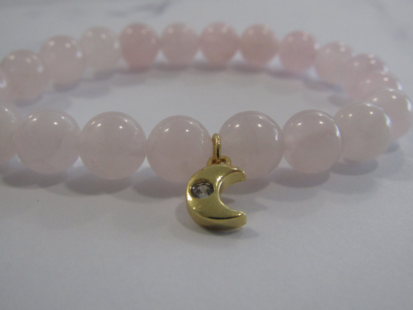 Rose Quartz bracelet with Cubic Zirconia moon charm