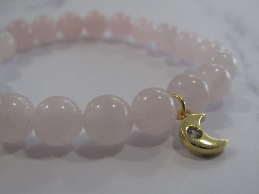 Rose Quartz bracelet with Cubic Zirconia moon charm