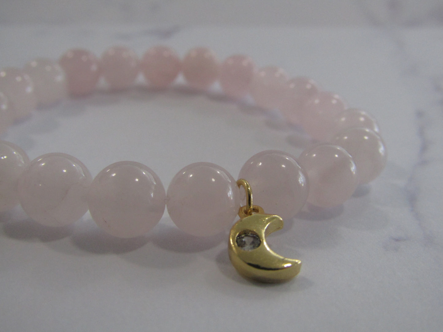 Rose Quartz bracelet with Cubic Zirconia moon charm