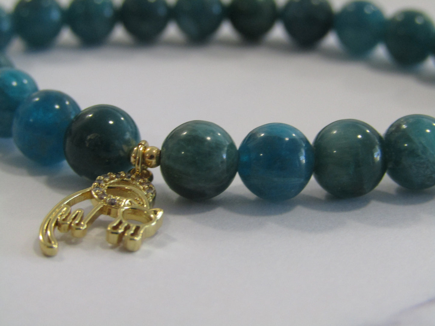 Grade A Apatite bracelet with 18k gold plated Cubic Zirconia cat charm - 7mm