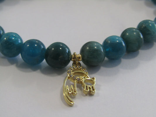 Grade A Apatite bracelet with 18k gold plated Cubic Zirconia cat charm - 7mm