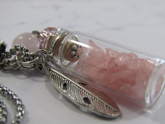 Pendant necklaces with crystal chips in glass bottle with stainless steel chain