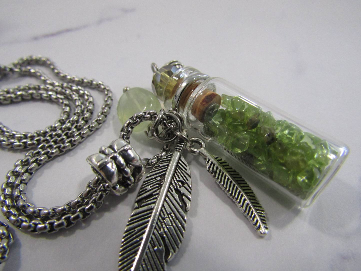 Pendant necklaces with crystal chips in glass bottle with stainless steel chain