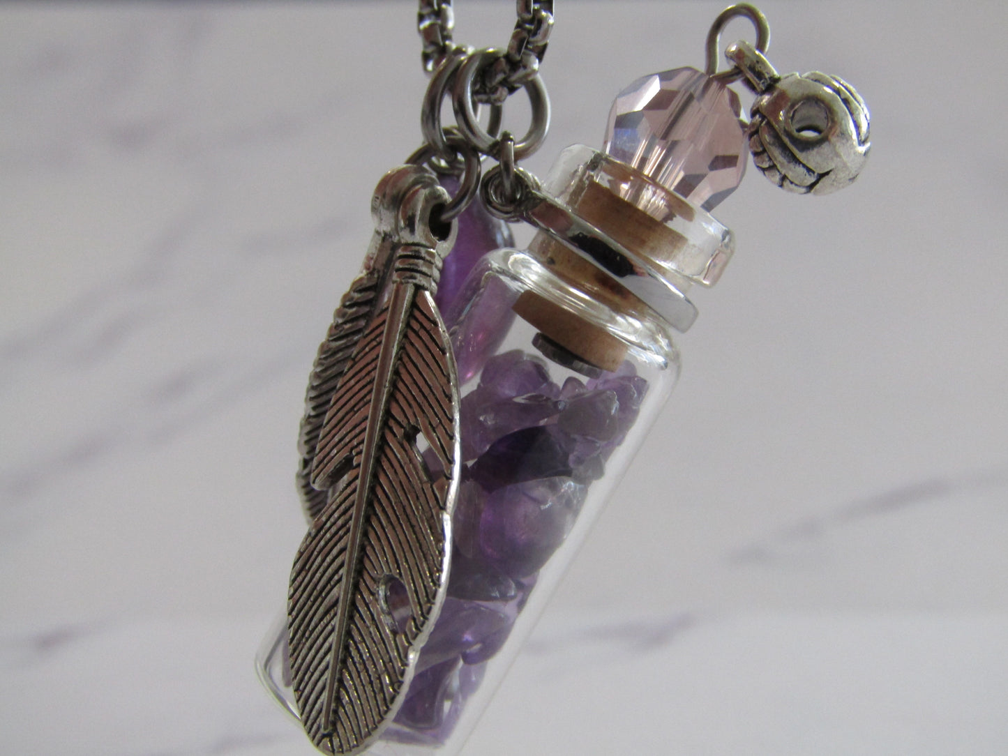 Pendant necklaces with crystal chips in glass bottle with stainless steel chain