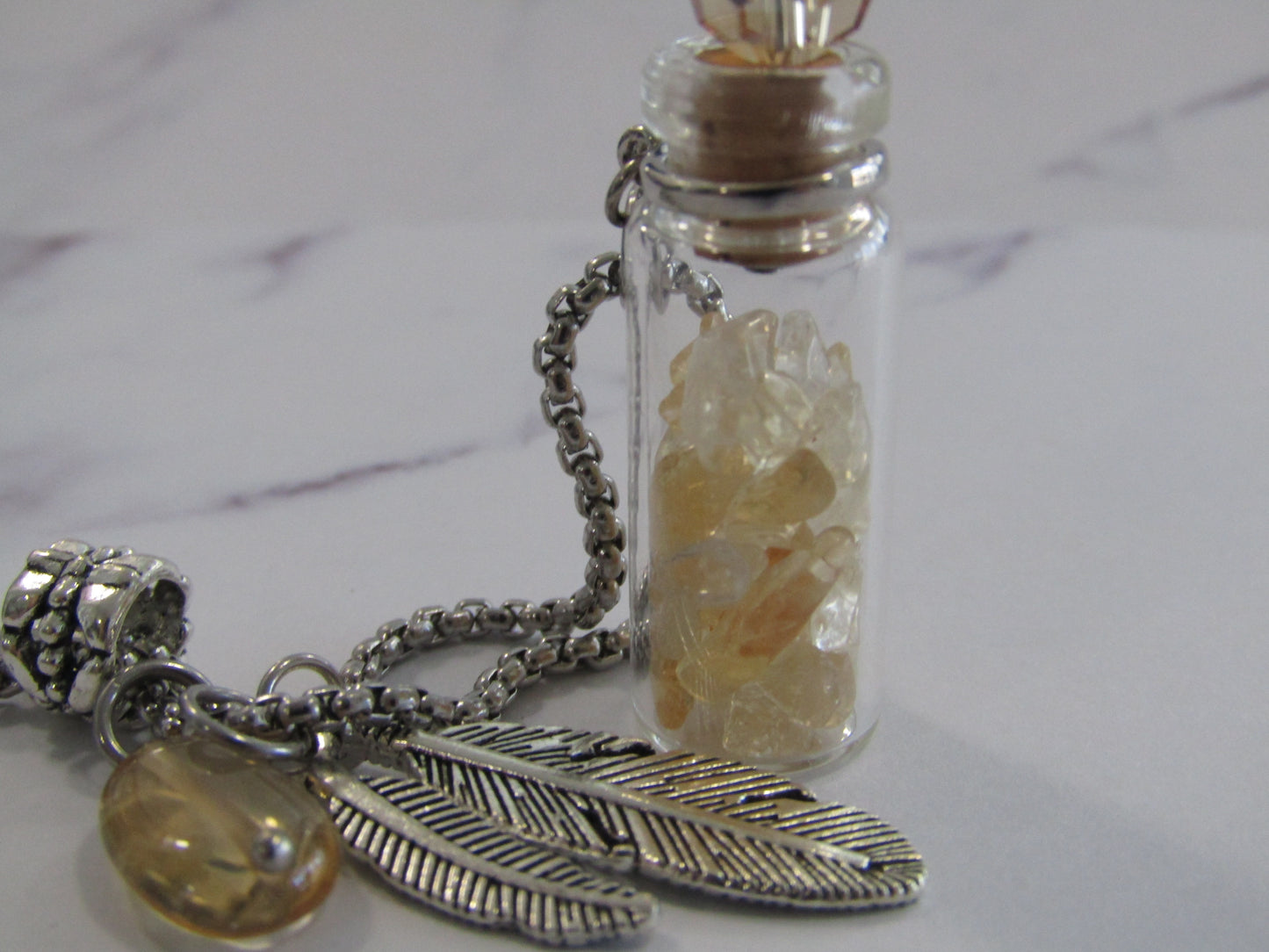 Pendant necklaces with crystal chips in glass bottle with stainless steel chain