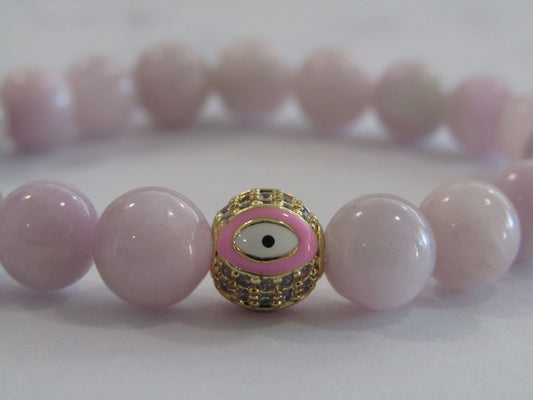 Grade A Kunzite bracelet with 18k gold plated pink evil eye