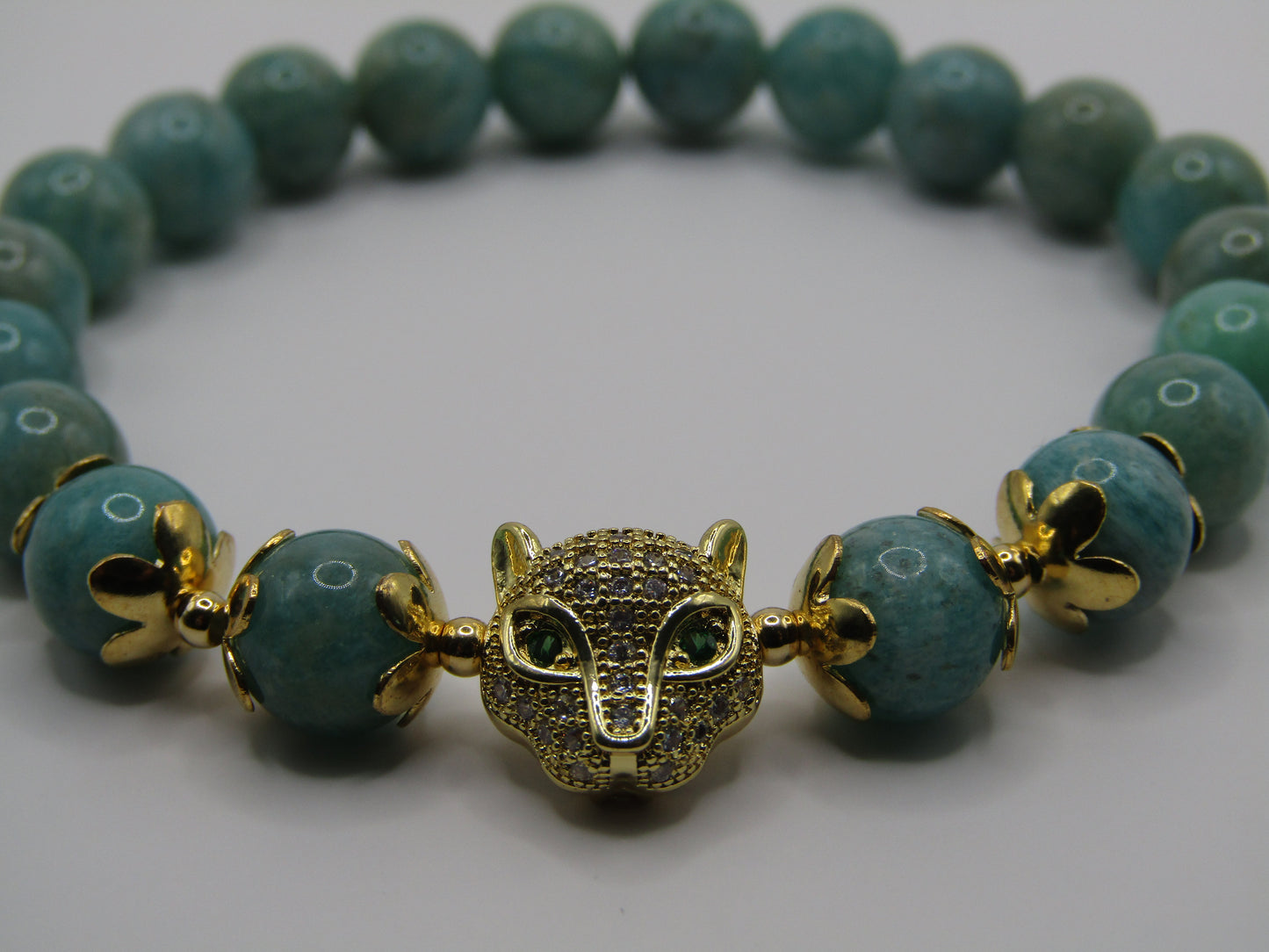 Grade A Amazonite (8mm) bracelet with 18k gold plated Cubic Zirconia Leopard charm