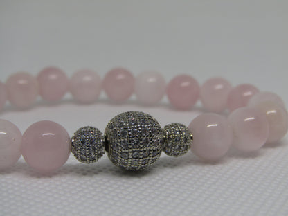 Grade AB Madagascar Rose Quartz bracelet with cubic zirconia silver beads - 8mm