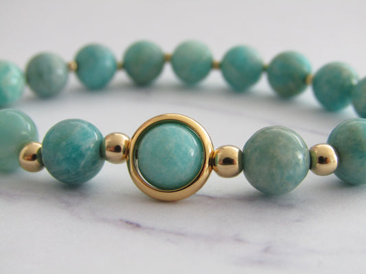 Grade A Amazonite bracelet with 14k gold plated frame and spacer beads - 8mm