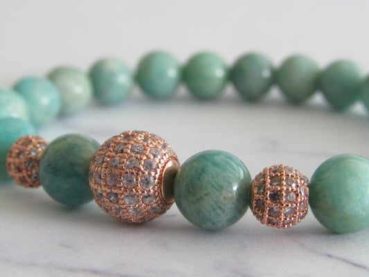 Grade A Amazonite bracelet with rose gold Cubic Zirconia beads - 8mm