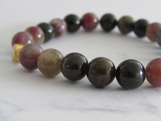 Grade A Tourmaline bracelet with 14k gold plated matte beads - 8mm