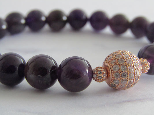 Grade AB Amethyst bracelet with rose gold cubic zirconia beads - 8mm