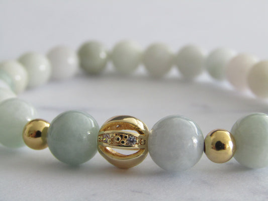 Grade A Jadeite bracelet with 18k gold plated cubic zirconia and 18k gold plated spacer beads - 8mm