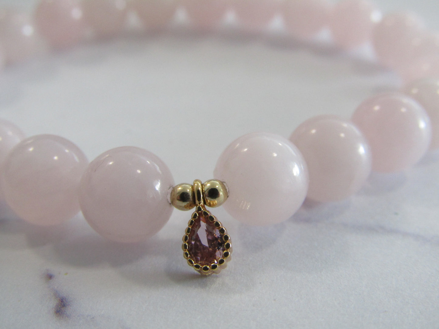 Madagascar Rose Quartz bracelet with 18k gold filled beads and pink cubic zirconia teardrop bead - 8mm