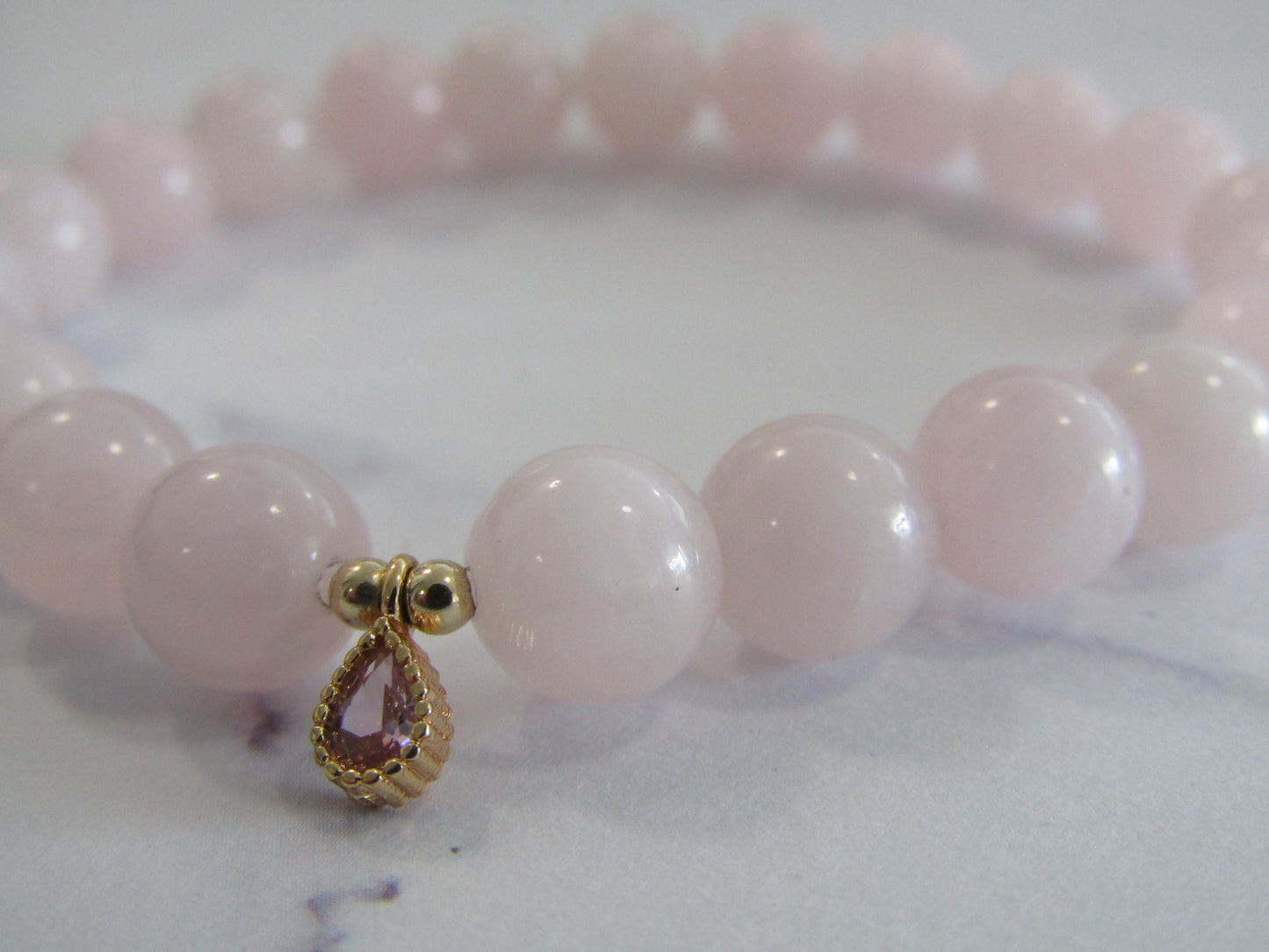 Madagascar Rose Quartz bracelet with 18k gold filled beads and pink cubic zirconia teardrop bead - 8mm