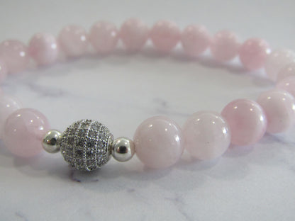 Grade A Madagascar Rose Quartz bracelet with 925 sterling silver plated beads and cubic zirconia silver bead - 8mm