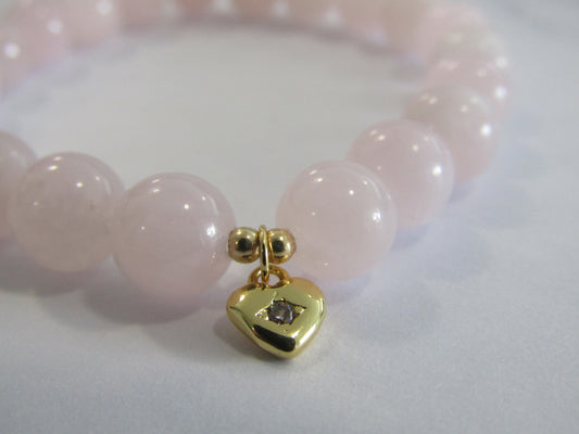 Madagascar Rose Quartz bracelet with 14k gold filled beads and cubic zirconia heart charm - 8mm
