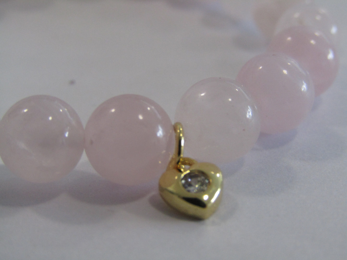 Rose Quartz bracelet with cubic zirconia heart charm - 8mm