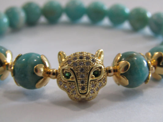 Grade A Amazonite (8mm) bracelet with 18k gold plated Cubic Zirconia Leopard charm