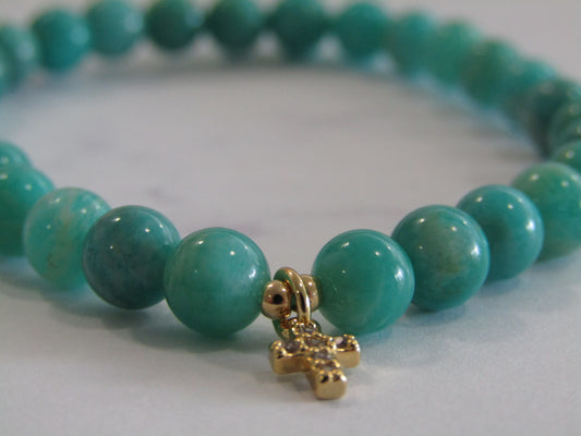 Grade A Amazonite (6mm) bracelet with 18k gold plated Cubic Zirconia cross charm