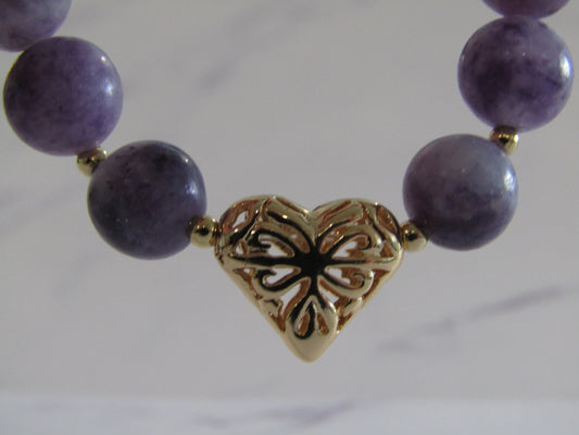 Lepidolite / Purple Mica (8mm) bracelet with 18k gold plated heart and spacer beads
