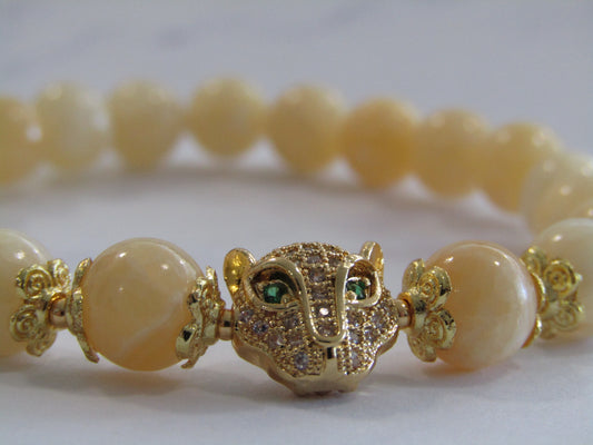 Lemon Jade (8mm) bracelet with 18k gold plated Cubic Zirconia leopard charm and spacer beads